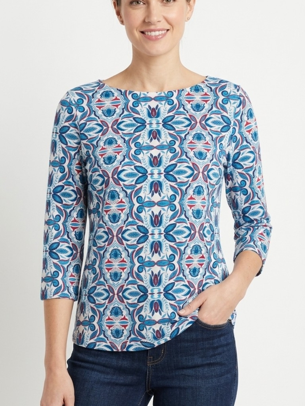 ST Johns Bay Womens Blue Patterned Boatneck 3/4 Sleeve Top Open neck Sz M
